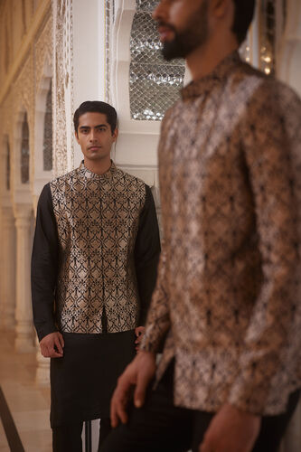 Swarank Handwoven Benarasi Silk Nehru Jacket - Black, Black, image 4